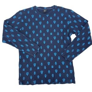 Ye Xing Y2K Robot Print Waffle Knit Thermal Long Sleeve Shirt Navy Blue Size M